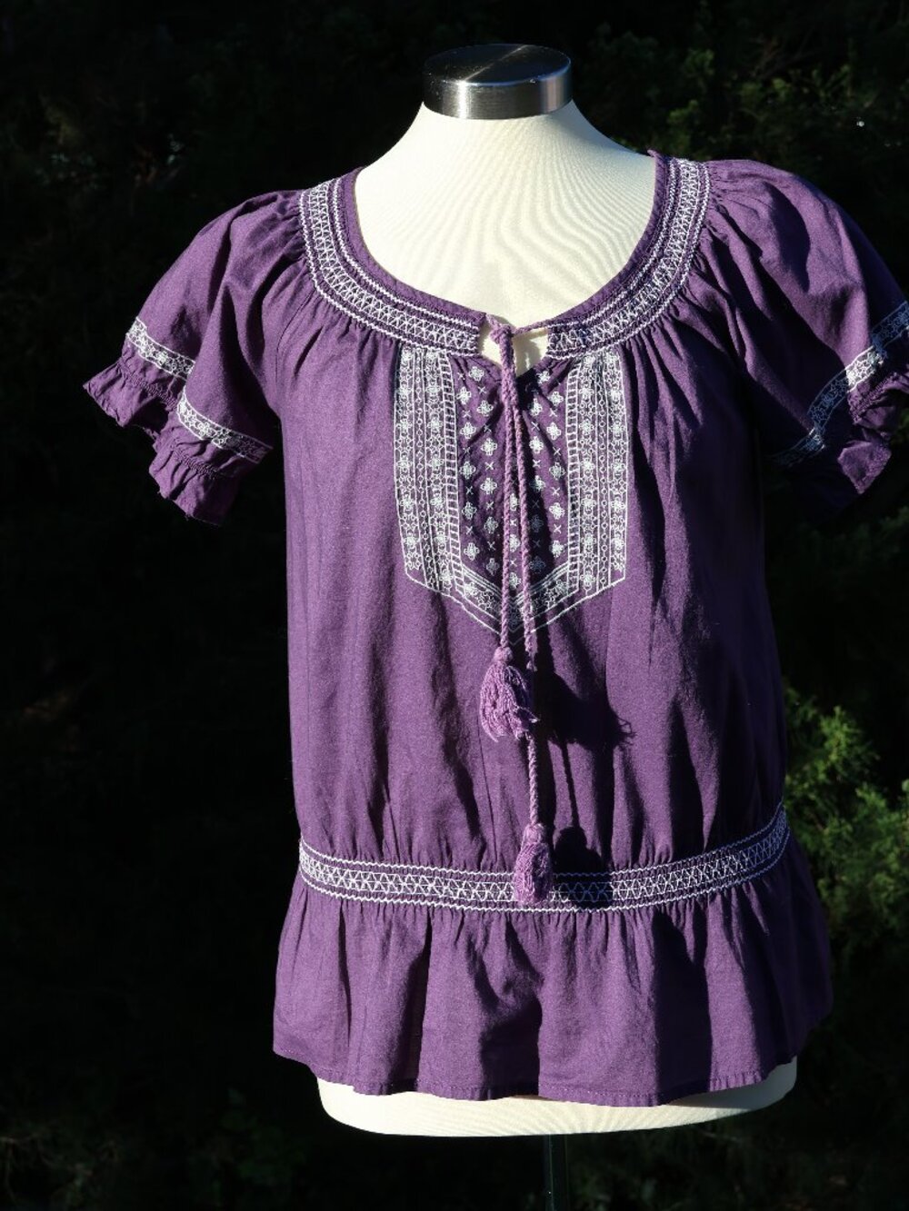 St John's Bay Eggplant Color Peasant Top w/tons of detailing